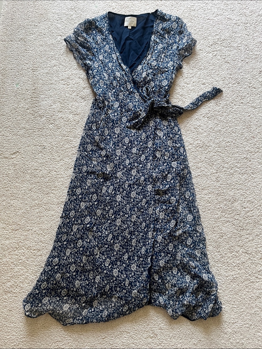 Sezane blue floral wrap midi dress